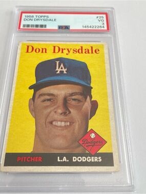 1958 TOPPS #25 DON DRYSDALE DODGERS HOF PSA 3 Vintage Baseball Card